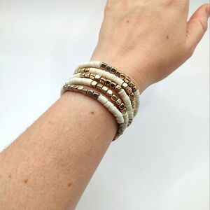 Gold and Cream Beaded Bracelet Set (4 Stretchy Boho Bracelets)
